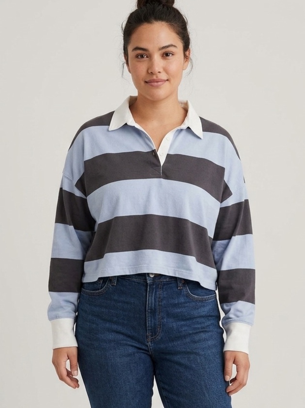 Aerie Sz L Stripped Blue Cotton Relaxed Rugby Polo Shirt